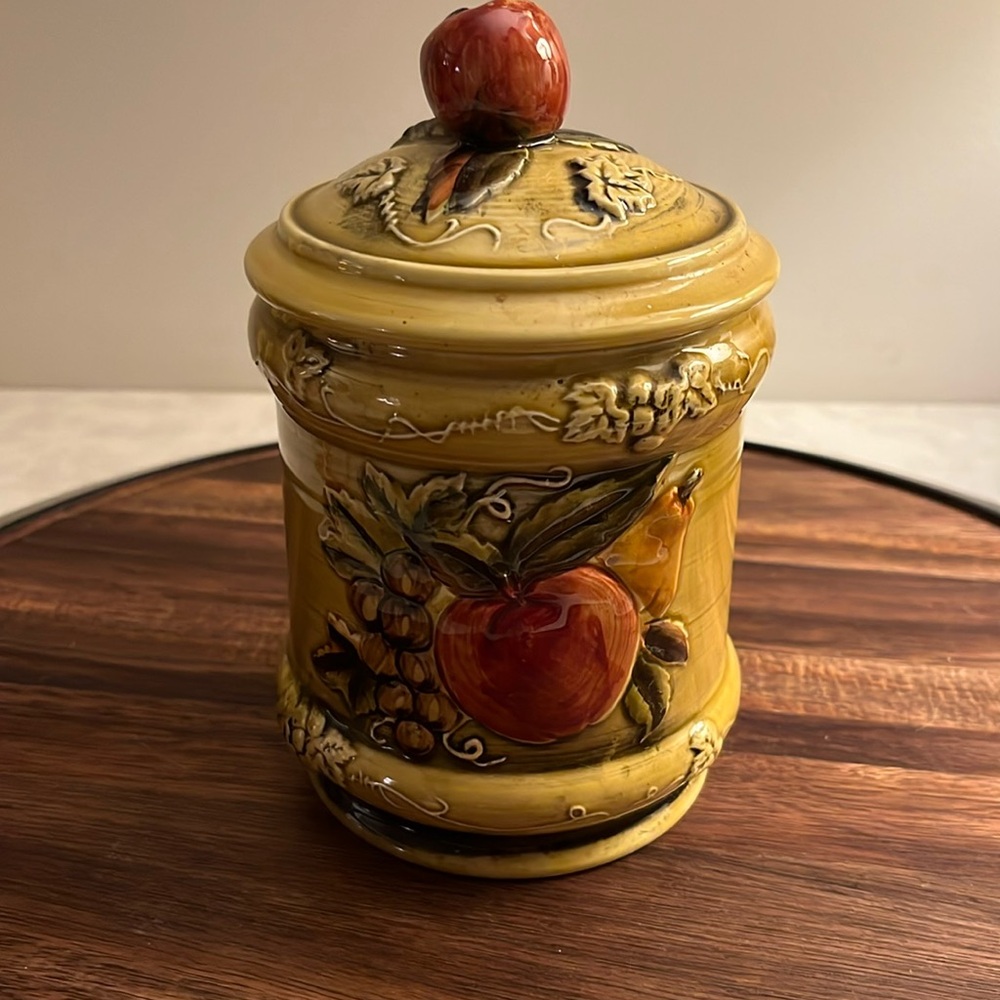 Vintage Geo Lefton coffee canister apple, pear grape design #4131